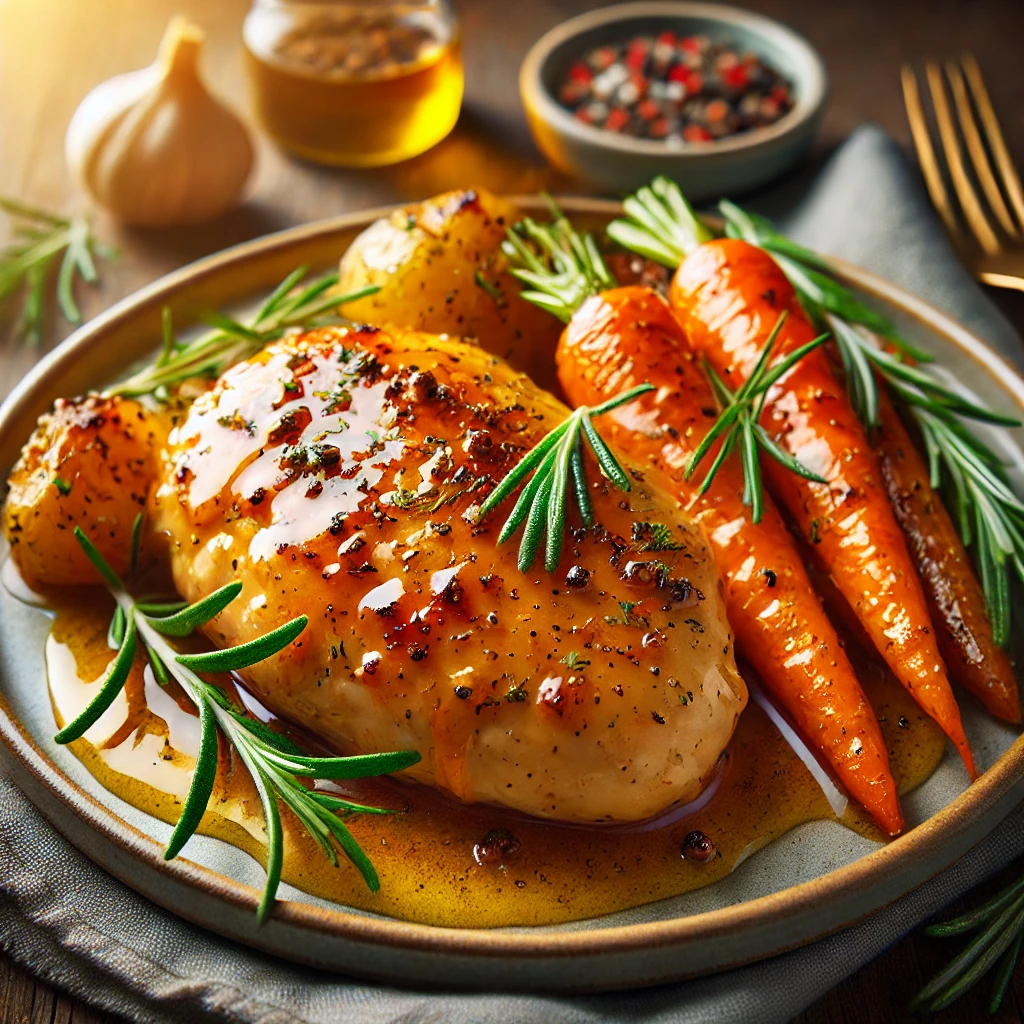 Chicken with mustard and honey is a ready-made dish on the dining table