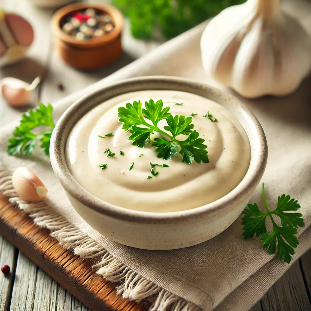 "This creamy garlic sauce is a perfect blend of rich and smooth textures, with a hint of roasted garlic flavor that elevates any dish it touches. Garnished with fresh parsley for a pop of color, the sauce offers a velvety consistency, making it ideal for pairing with pasta, chicken, or roasted vegetables. Its glossy finish and subtle herbs add both freshness and visual appeal, promising a delightful experience with every bite."