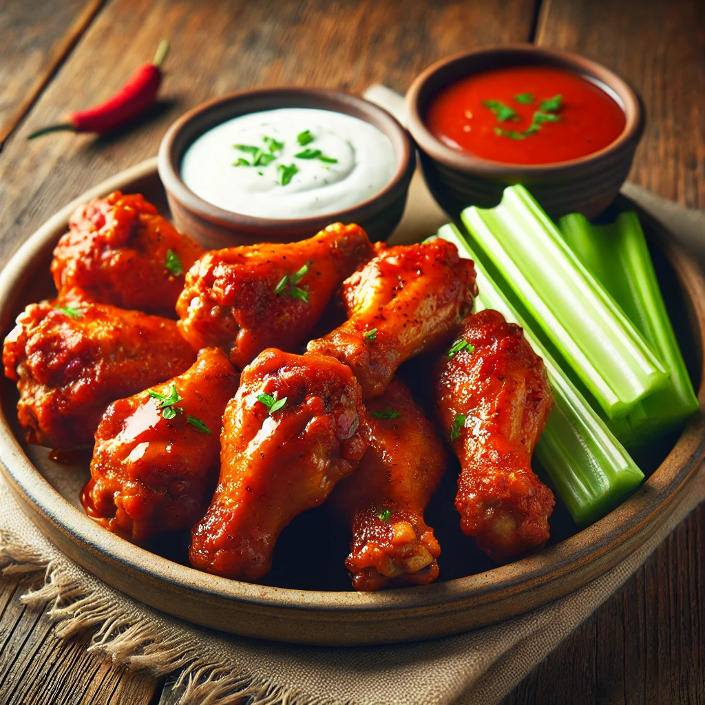 A plate of delicious buffalo chicken wings topped with a hot, bright buffalo sauce, served with celery sticks and a side of ranch dressing. The wings look delicious and crispy, with a warm background and simple wooden drum.