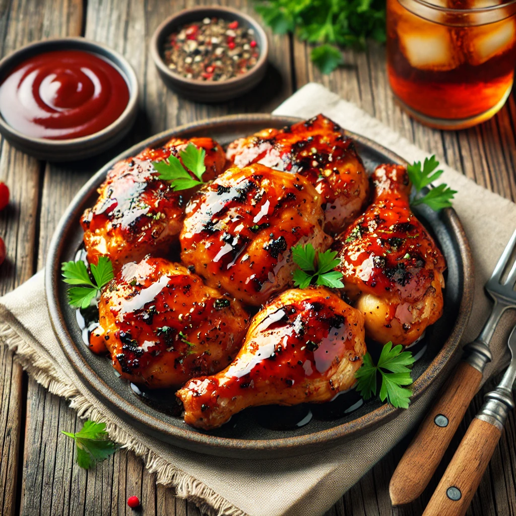 Juicy grilled BBQ chicken with smoky glaze, garnished with parsley, served on a rustic wooden table for a summer vibe.