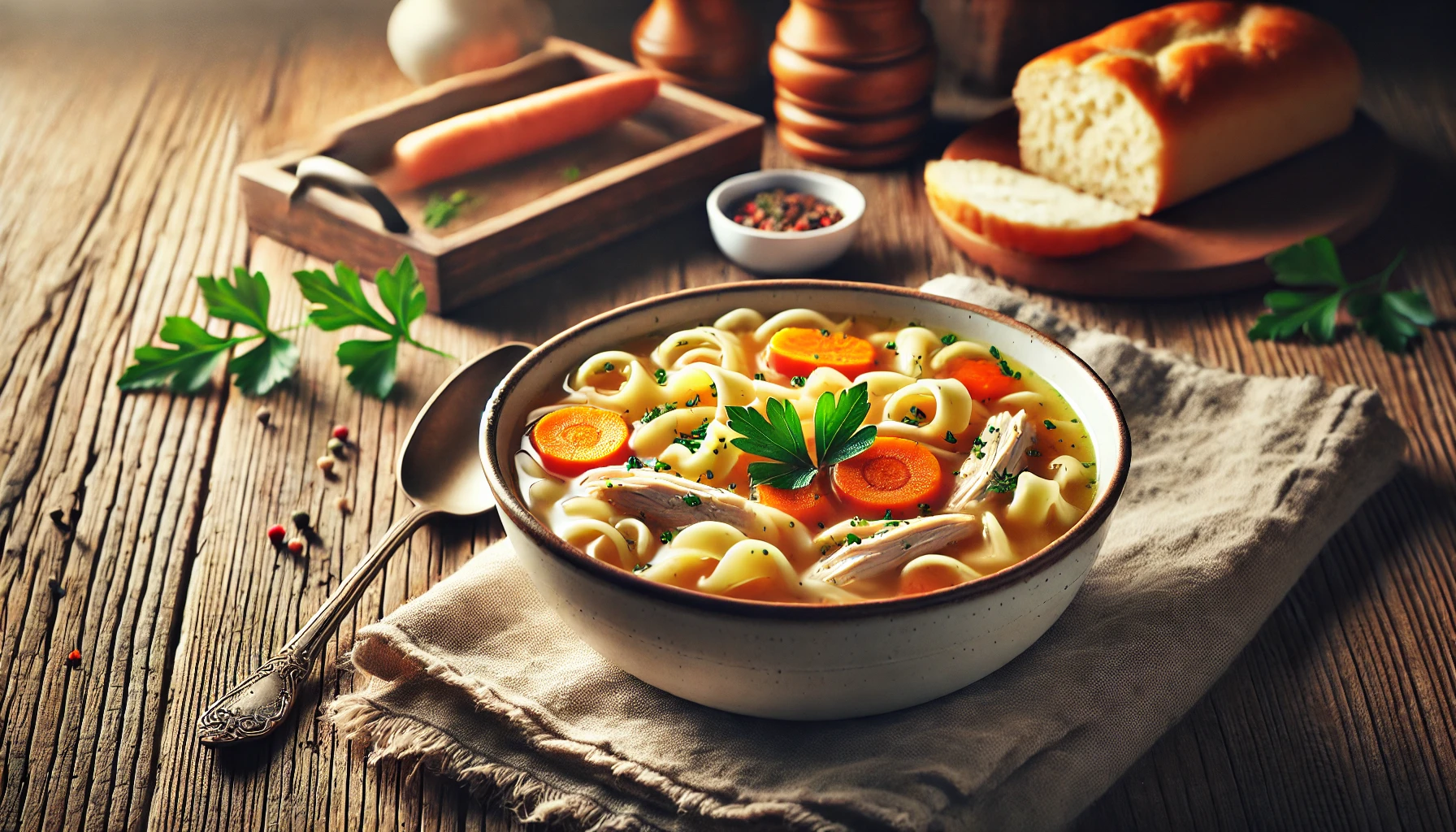 A bowl of delicious homemade Chicken Noodle Soup with fresh vegetables and noodles.