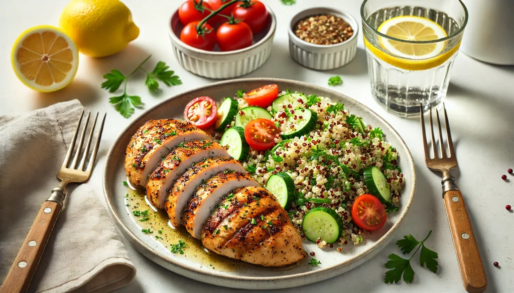 Grilled lemon herb chicken served with fresh vegetables - a healthy meal option."