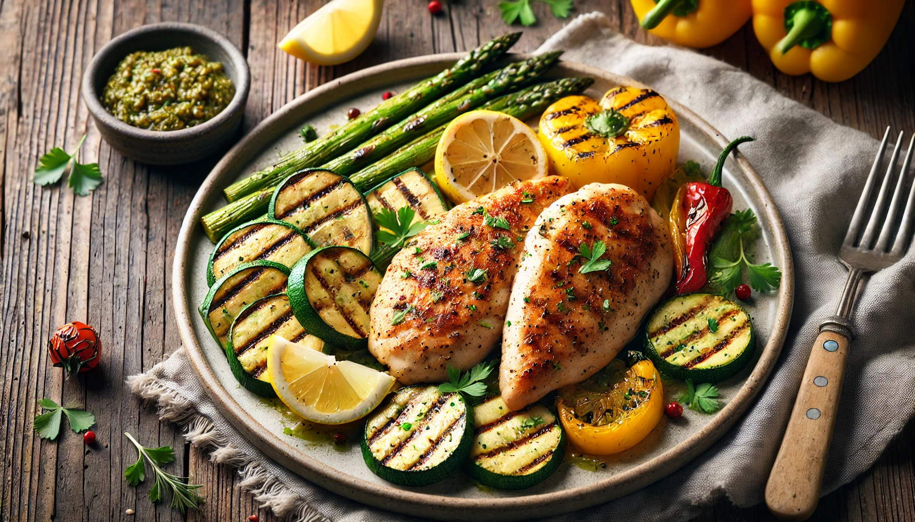 Grilled lemon herb chicken served with fresh vegetables - a healthy meal option."