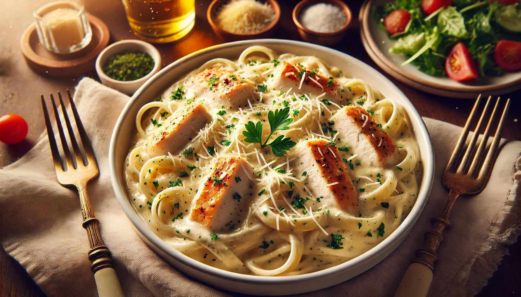 Chicken Alfredo Pasta served in a white bowl