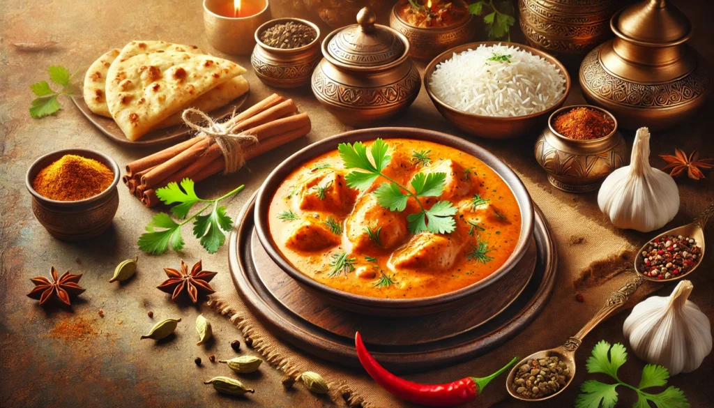 A bowl of creamy Butter Chicken garnished with fresh cilantro, served with naan bread