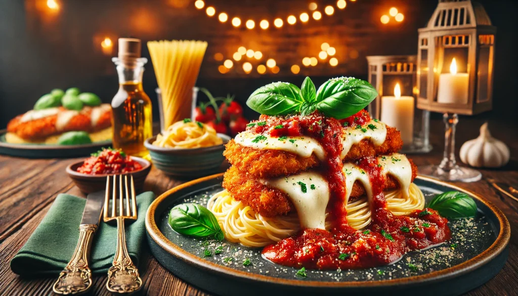 A plate of Chicken Parmesan served with spaghetti.