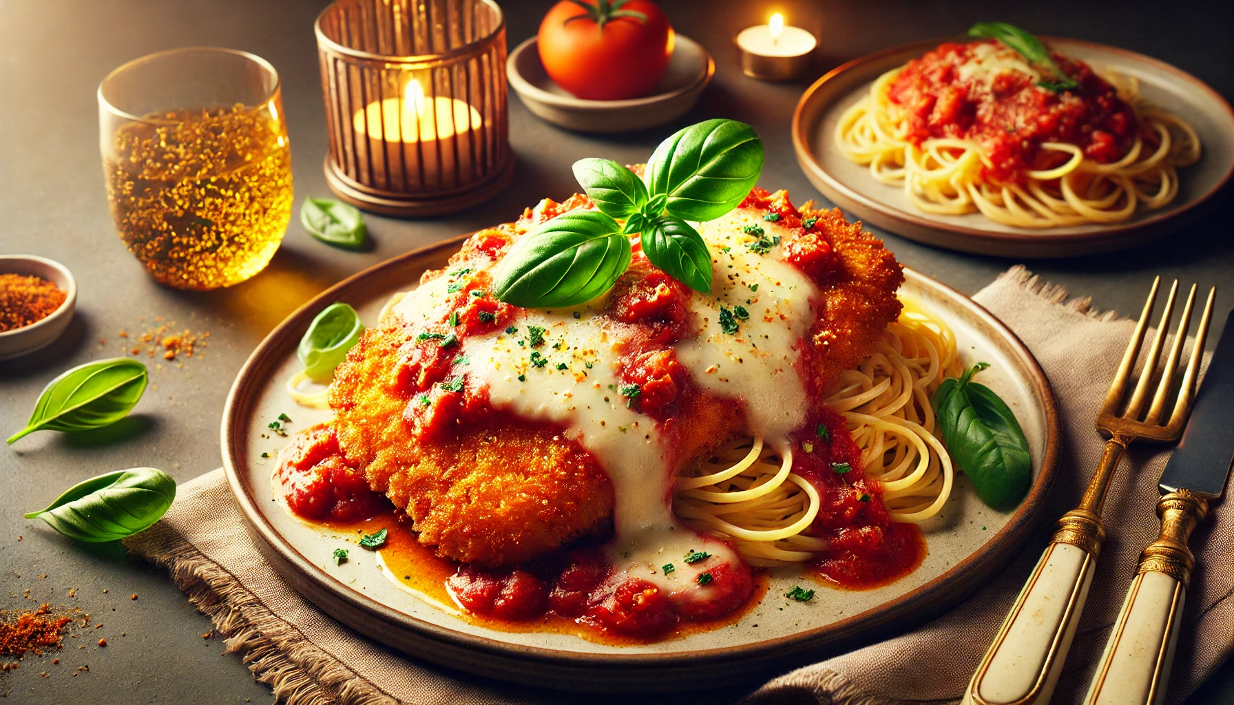 Crispy breaded chicken topped with marinara sauce and melted mozzarella cheese.