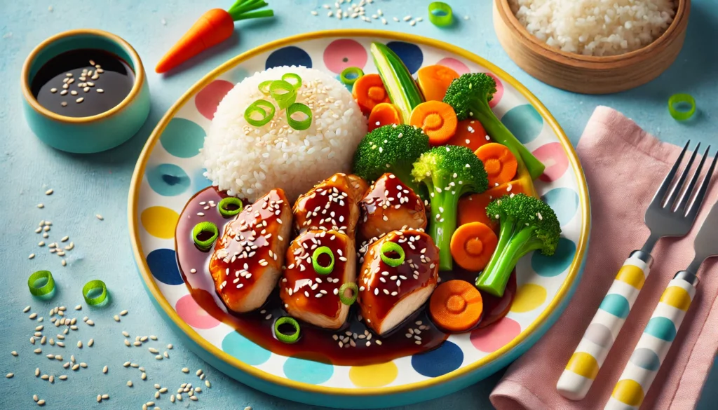 A plate of Teriyaki Chicken for kids with rice and colorful vegetables