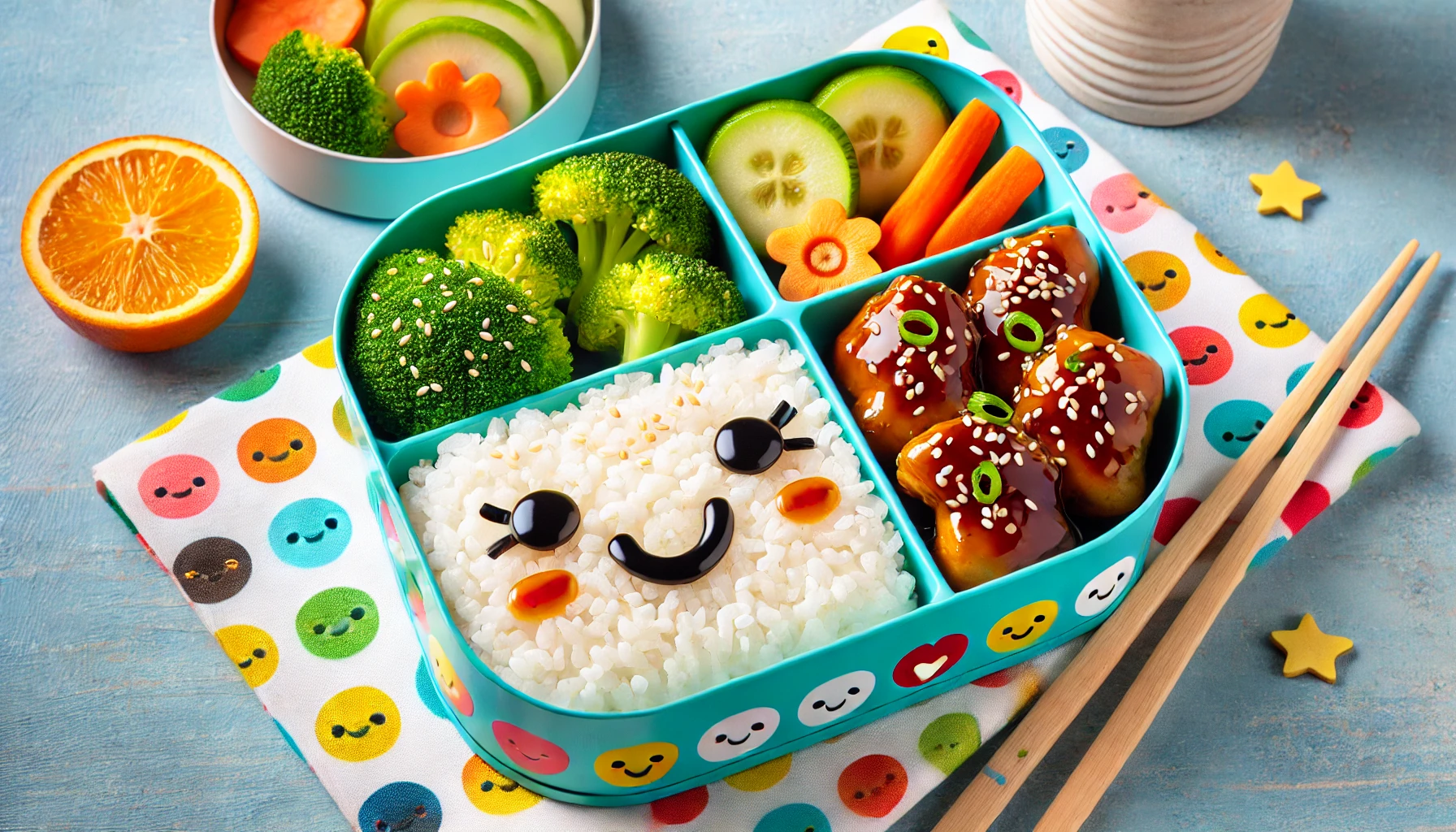 Kid-friendly Teriyaki Chicken served in a colorful bento box with rice and veggies.