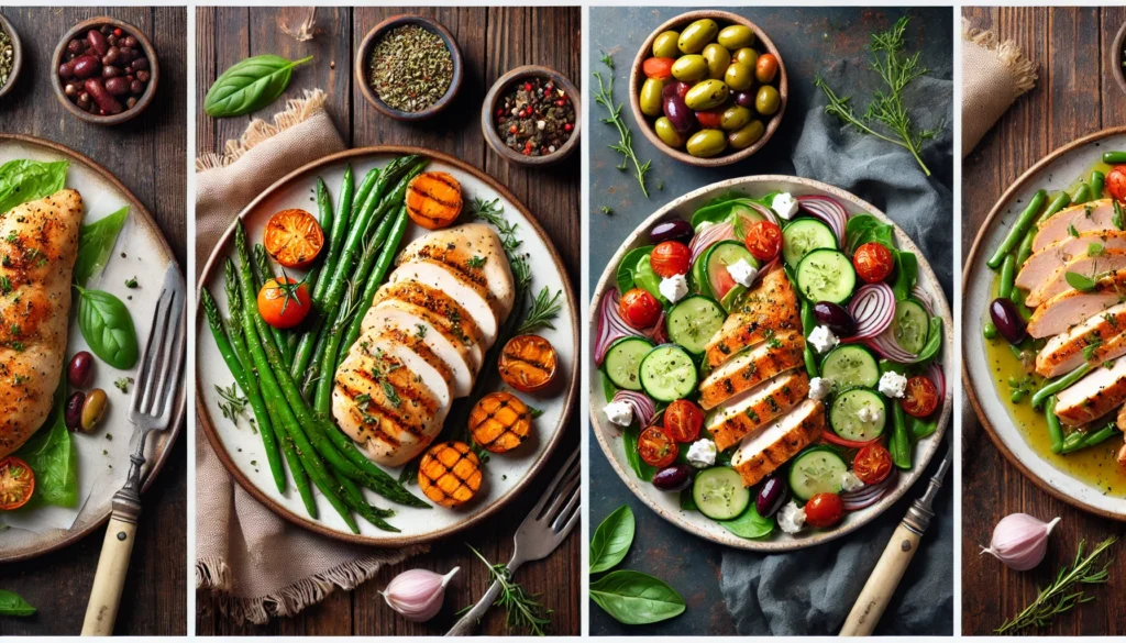 A plate featuring grilled lemon herb chicken, chicken stir-fry with vegetables, and baked honey mustard chicken, served with quinoa and a green salad.