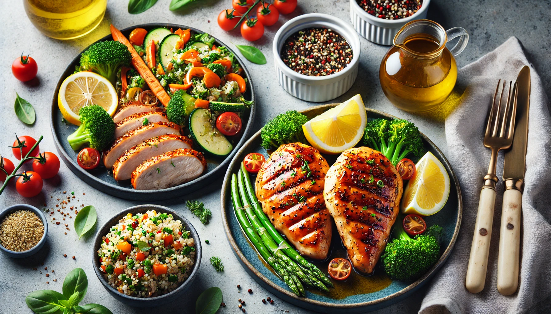 A plate featuring grilled lemon herb chicken, chicken stir-fry with vegetables, and baked honey mustard chicken, served with quinoa and a green salad."