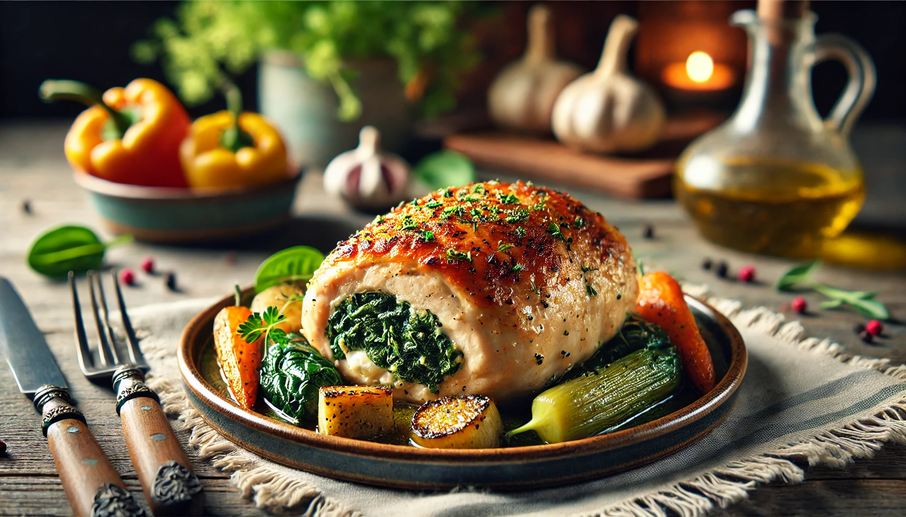 Delicious stuffed chicken breast with spinach and cheese.