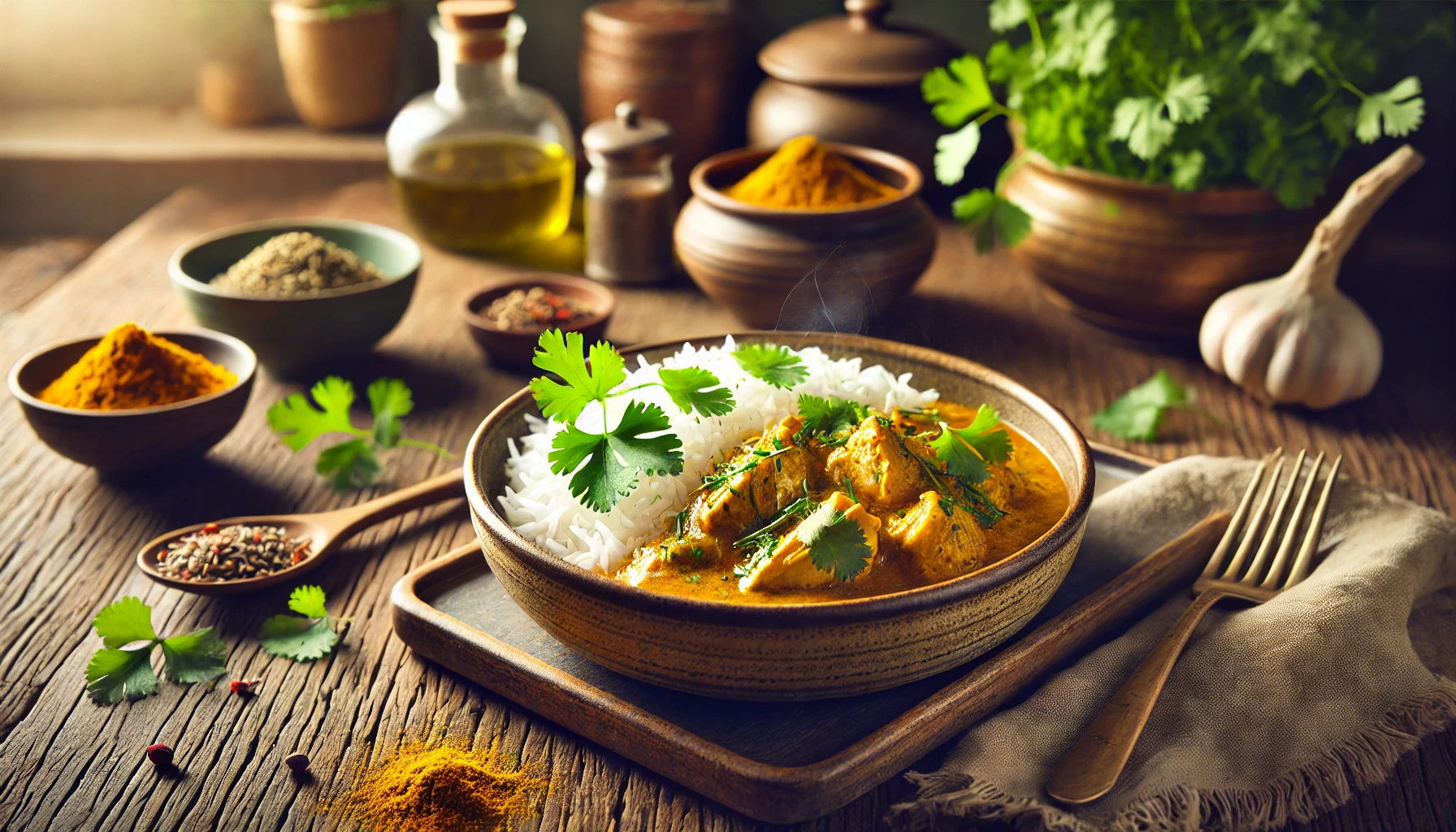 beautifully plated dish of coconut curry chicken garnished with cilantro, paired with jasmine rice, and surrounded by aromatic spices.