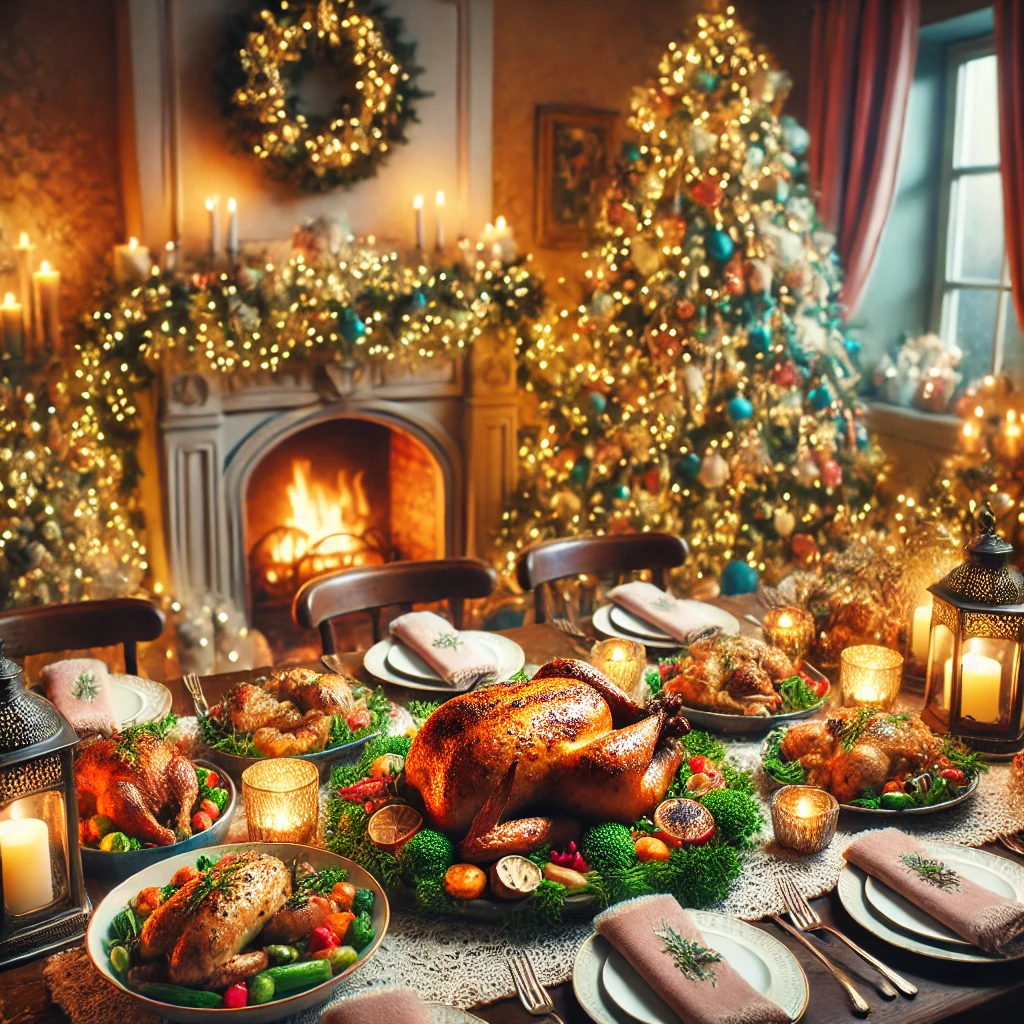 Roasted chicken with cranberry sauce on a festive Christmas table