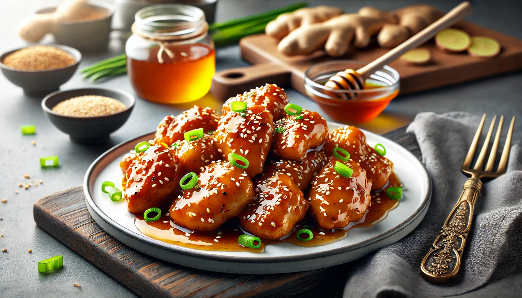 Honey Ginger Chicken served on a white plate with a glossy honey-ginger glaze, garnished with sesame seeds and green onions.