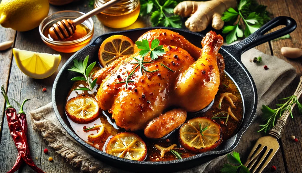 Honey Ginger Chicken in a cast-iron skillet, garnished with ginger slices, fresh herbs, and lemon wedges.