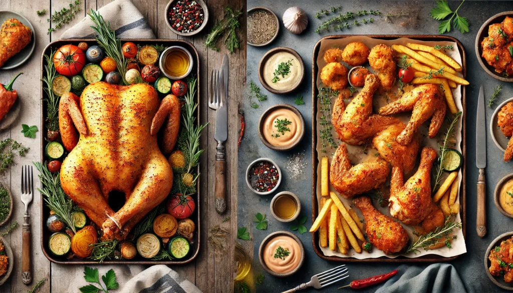 Five different chicken dishes, including Moroccan Chicken Tagine, Creamy Garlic Chicken, and Buffalo Chicken Salad, artfully arranged on a rustic table