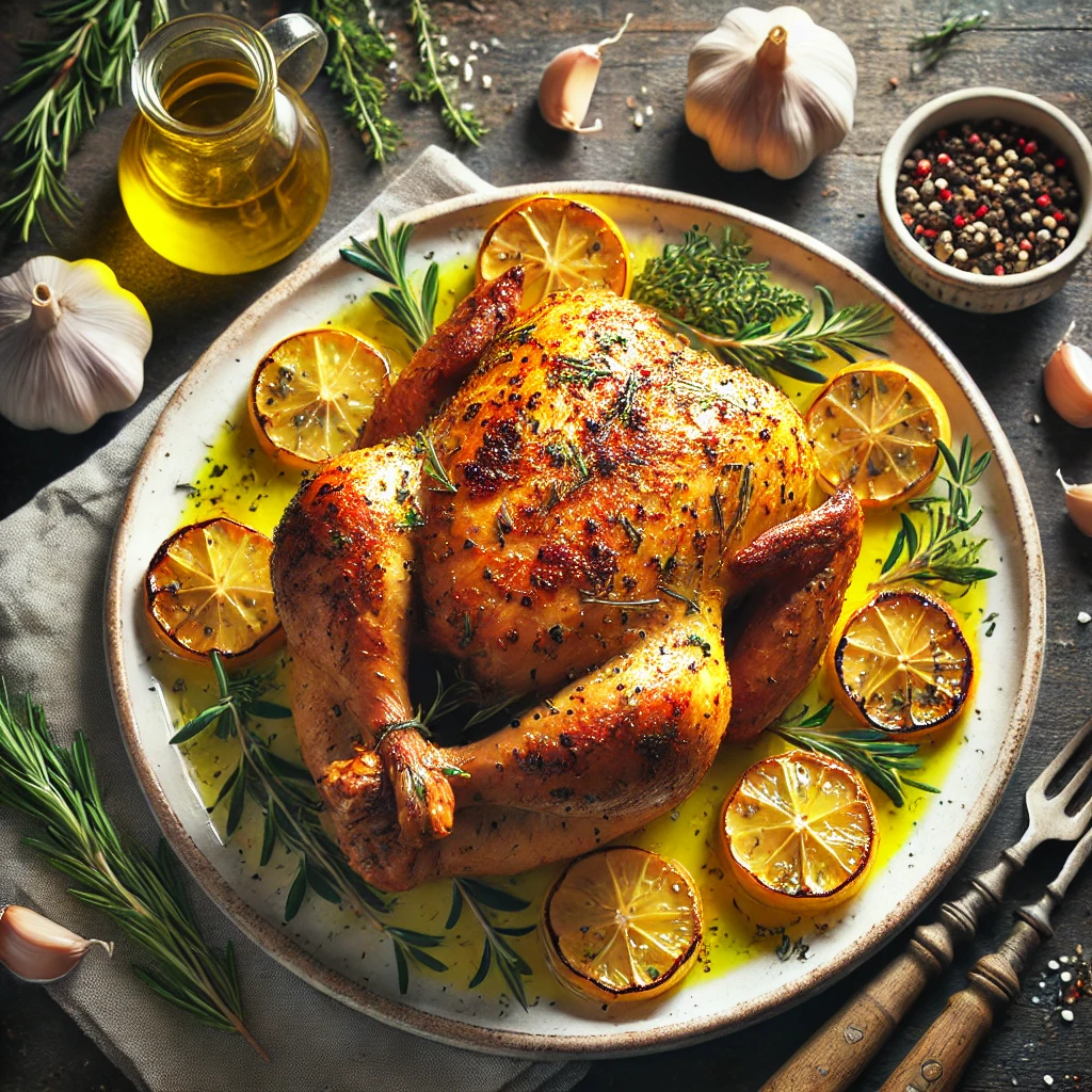 Golden brown lemon herb roasted chicken garnished with fresh herbs and lemon slices.