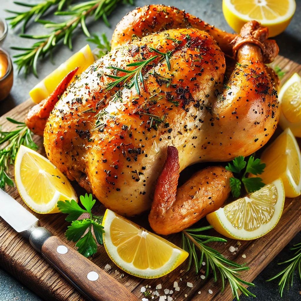 Close-up of juicy roasted chicken with parsley and lemon wedges on a wooden cutting board.