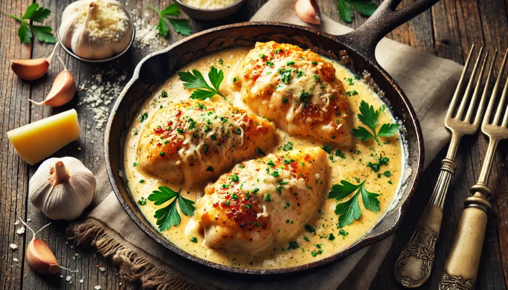 Close-up of chicken breasts in creamy garlic Parmesan sauce served on a wooden table.