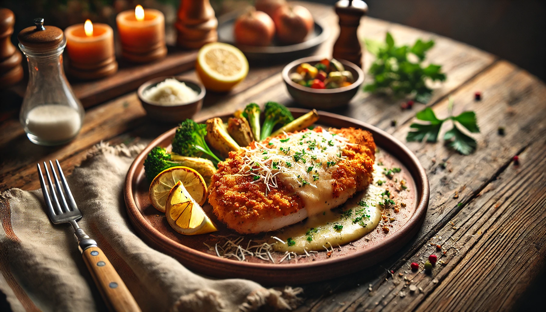 Creamy garlic Parmesan chicken in a skillet with rich, golden sauce and parsley garnish.