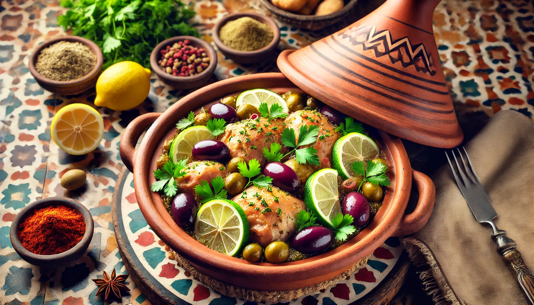 Moroccan Chicken Tagine in a traditional clay pot with olives and preserved lemons