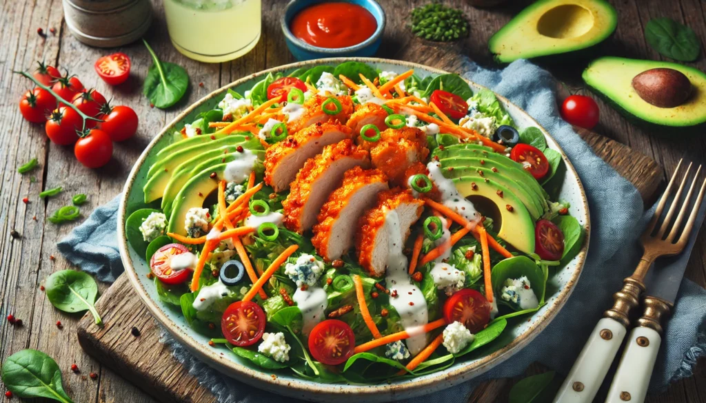 A close-up of Buffalo Chicken Salad on a rustic table with buffalo sauce