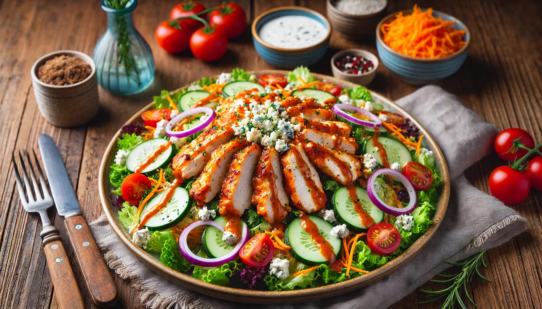 Buffalo Chicken Salad with fresh greens, spicy chicken, and creamy dressing