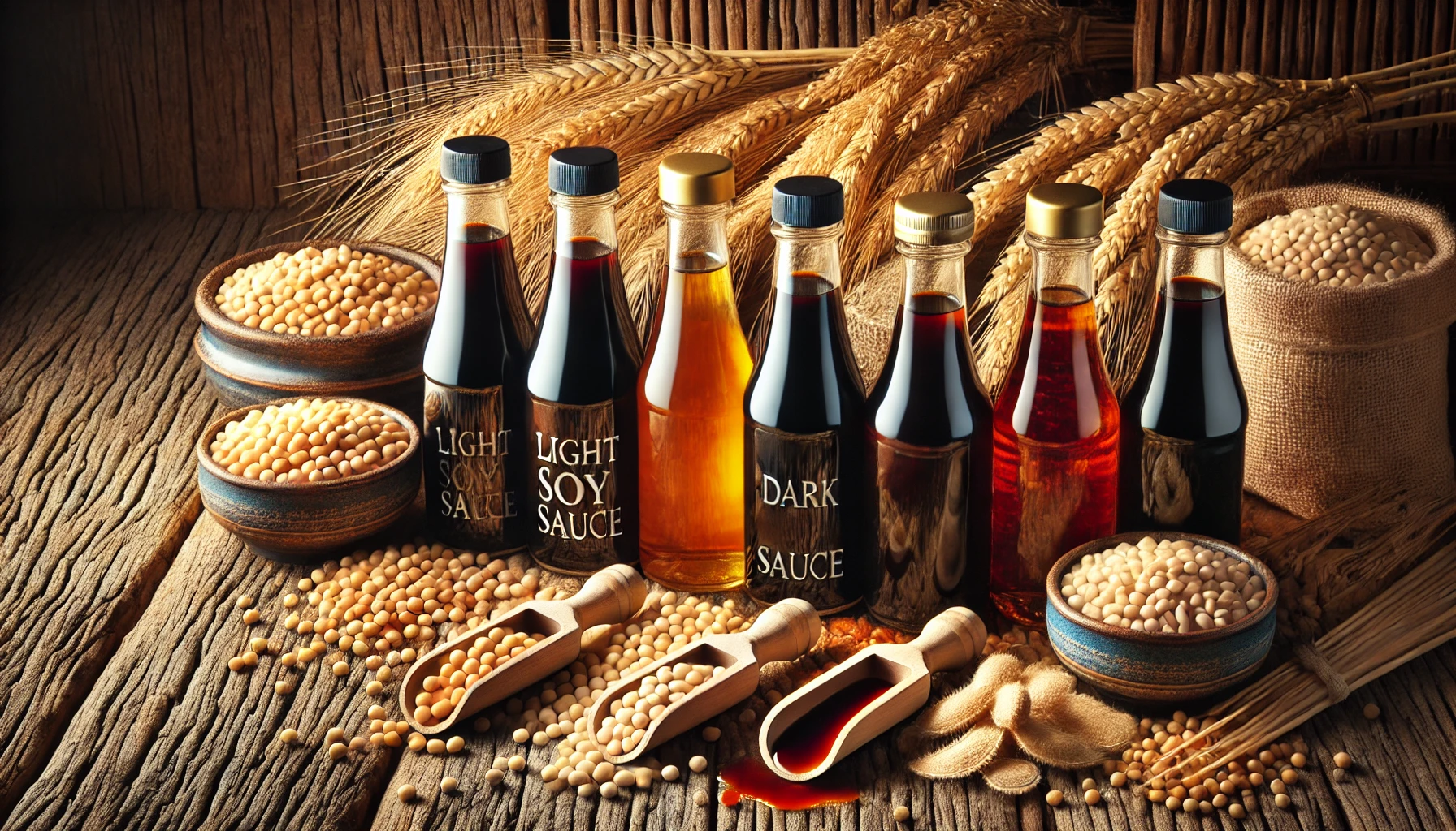 Varieties of soy sauce bottles arranged on a rustic table with soybeans and wheat