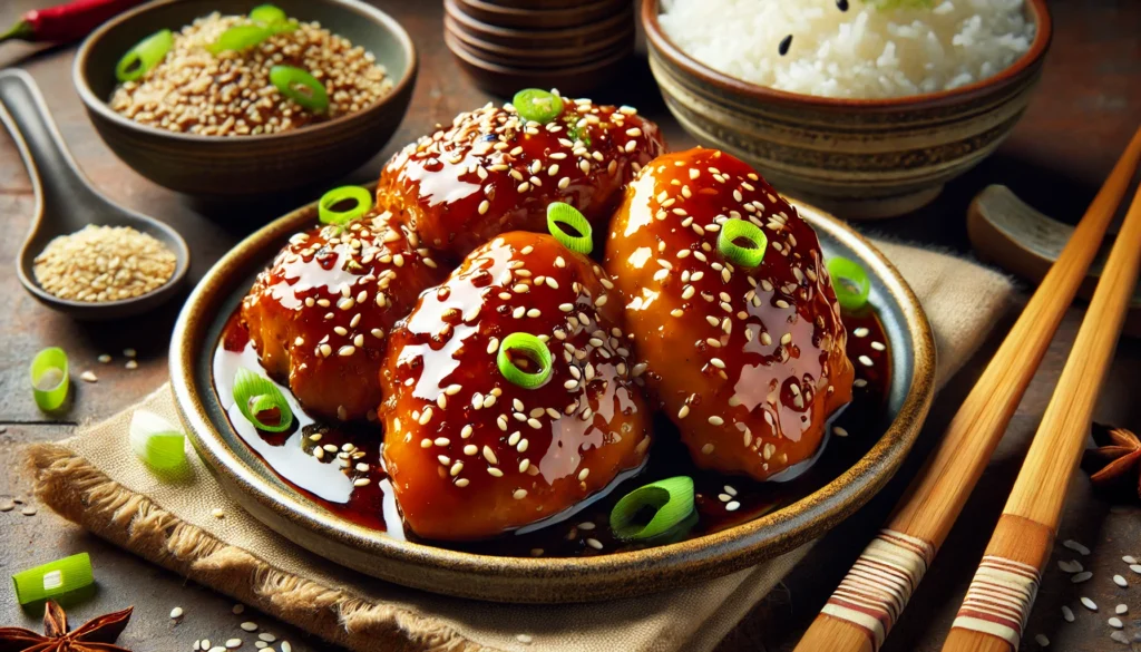 A dish of Soy Sauce Chicken garnished with sesame seeds and green onions