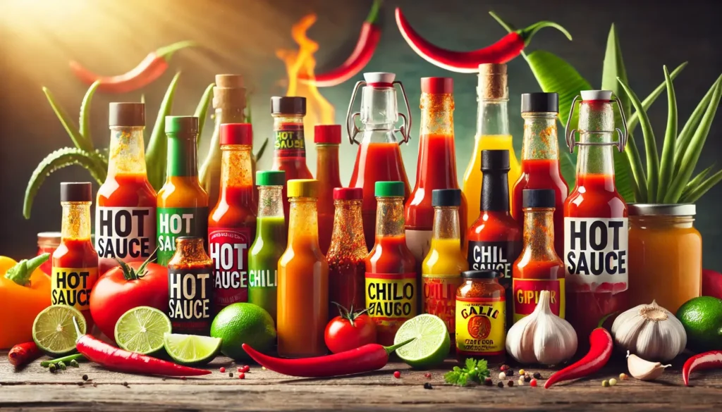 Various hot sauce bottles arranged on a wooden countertop with fresh chili peppers and garlic