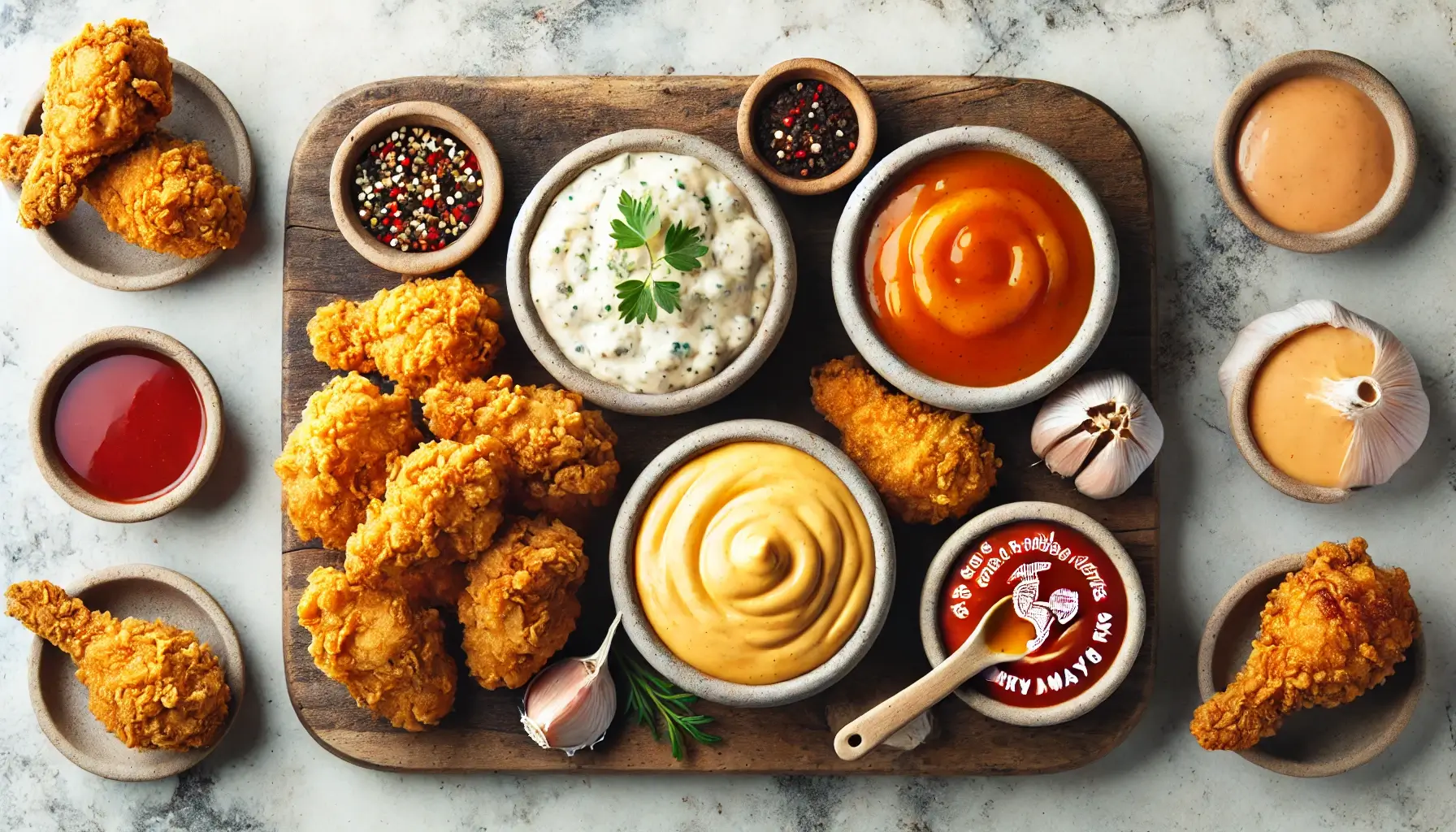 A selection of sauces: creamy garlic sauce, honey glaze sauce, and Sriracha mayo, paired with crispy fried chicken.