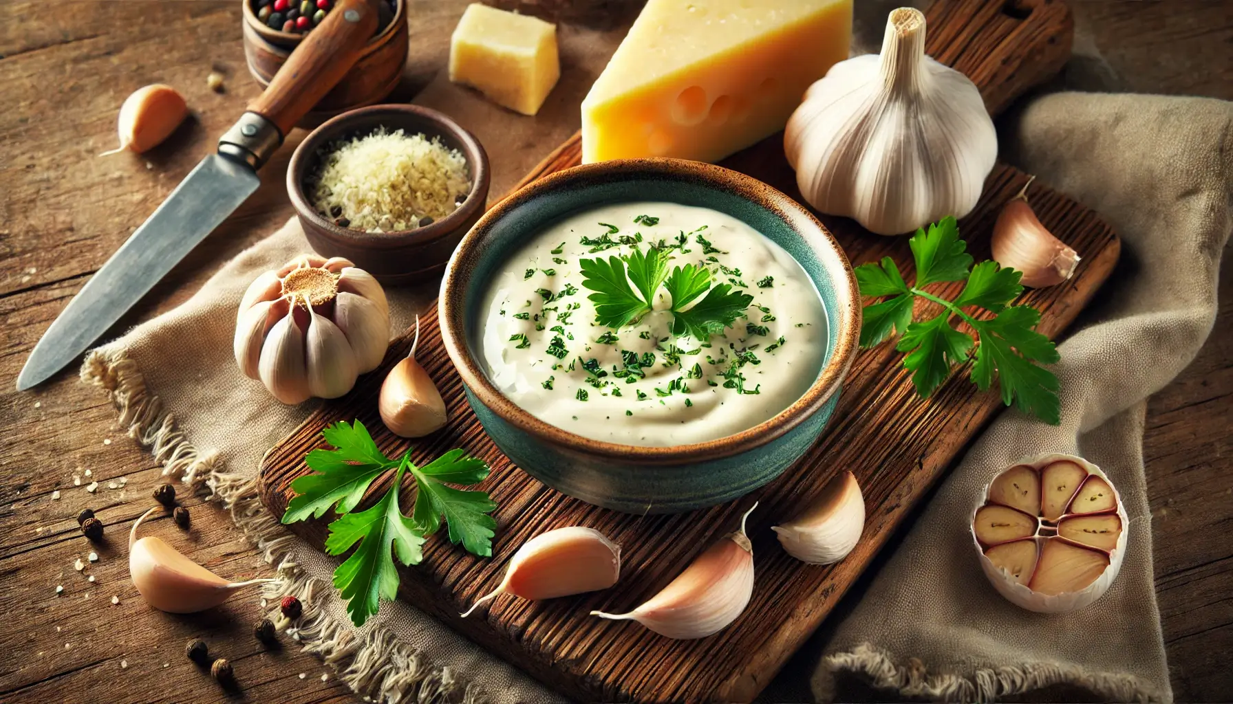 Fettuccine pasta drizzled with creamy garlic sauce, garnished with parsley, and served with garlic bread on a wooden table.