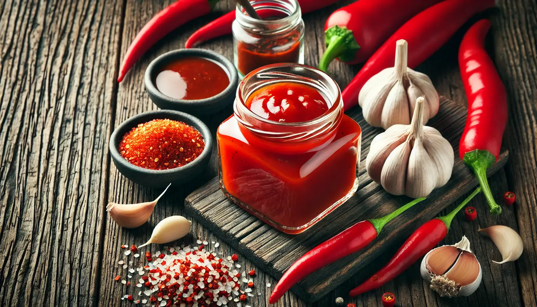 Freshly made sweet chili sauce in a glass jar surrounded by chili peppers and garlic.