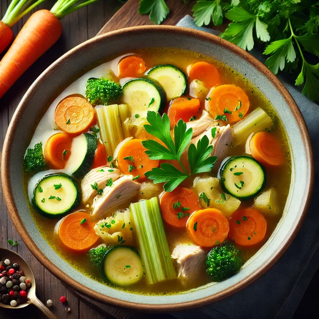 Healthy chicken soup with vegetables like carrots, celery, and zucchini.