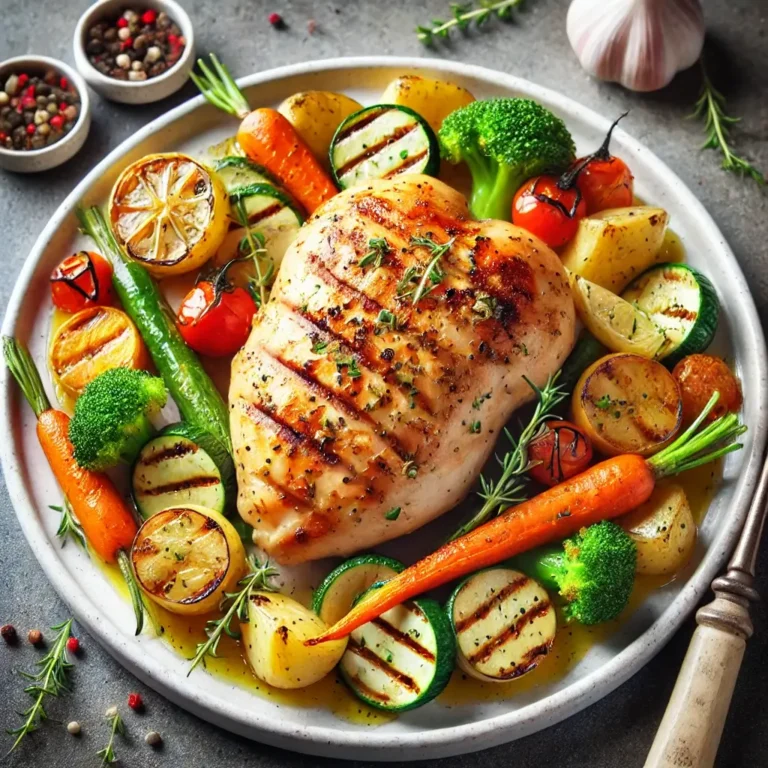 Grilled lemon herb chicken served with colorful roasted vegetables.