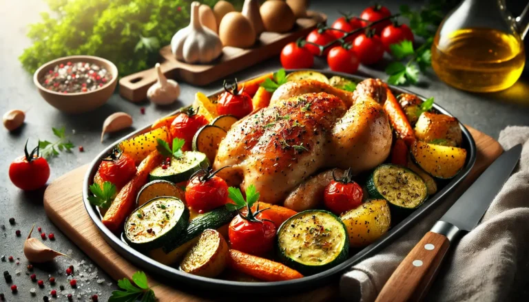 A tray of baked chicken with colorful roasted vegetables, garnished with fresh herbs