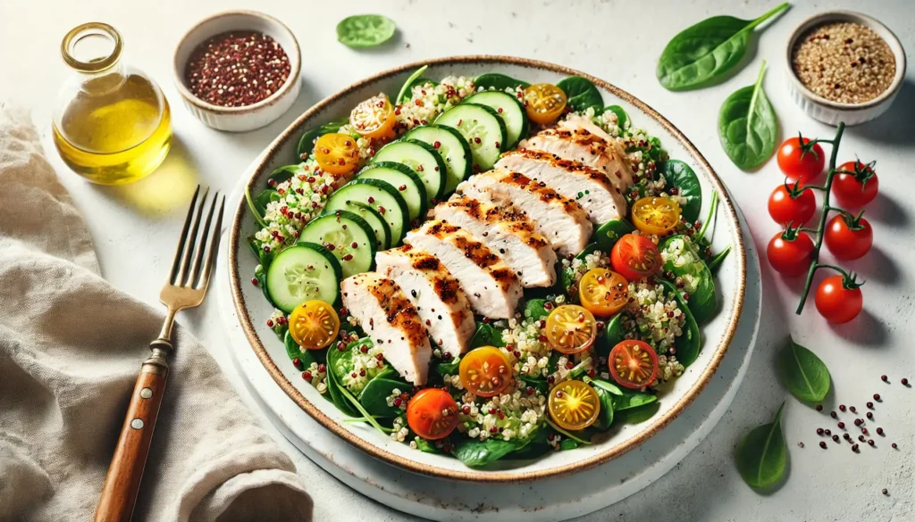 Stunning Chicken and Quinoa Salad on a white ceramic plate, garnished with olive oil