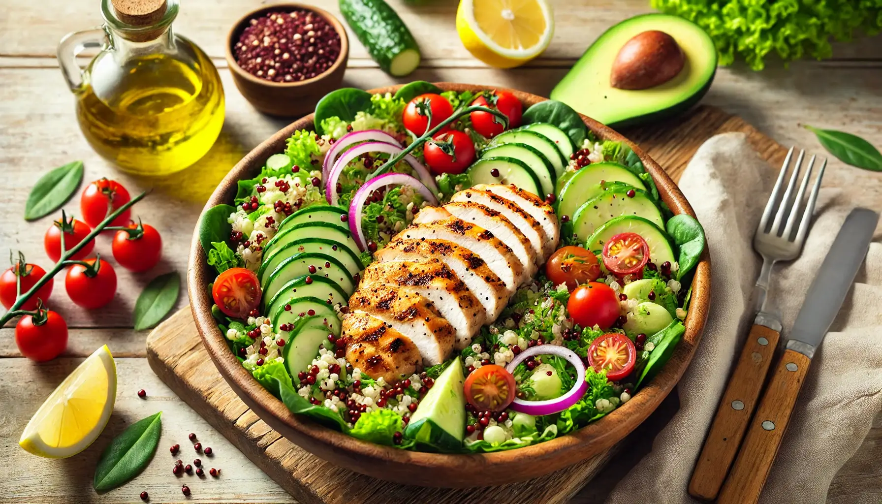 Vibrant Chicken and Quinoa Salad in a rustic wooden bowl with fresh vegetables