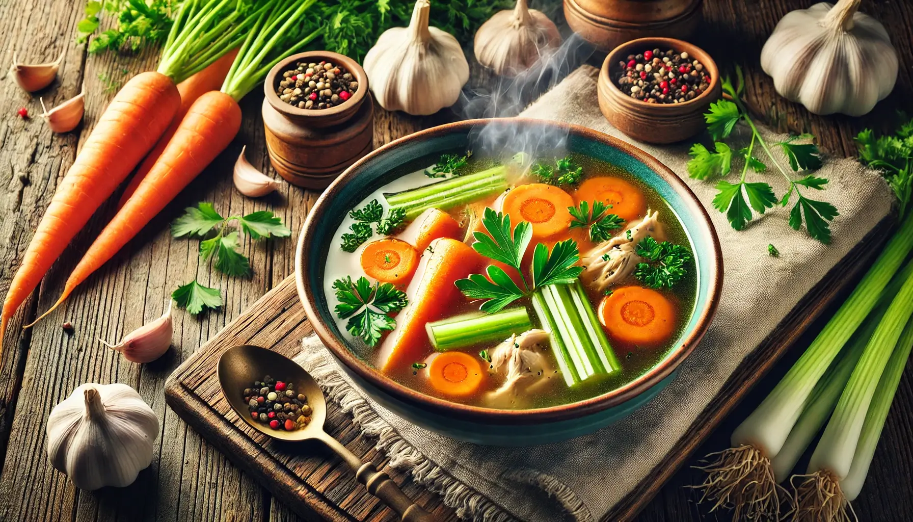 A beautifully arranged bowl of chicken soup with vegetables like carrots and spinach on a rustic table.