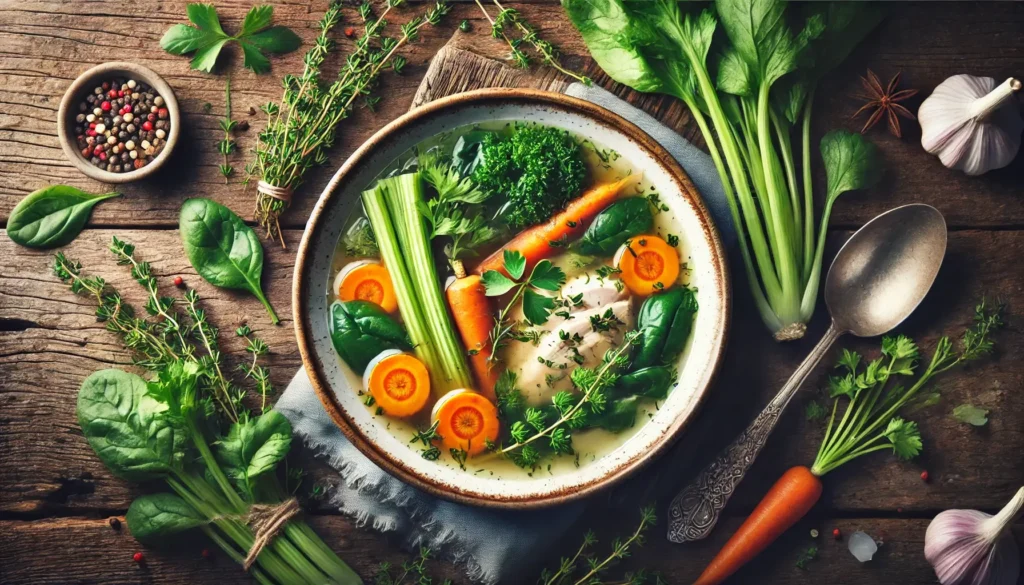 Close-up of a steaming chicken soup with colorful vegetables, garnished with fresh parsley.