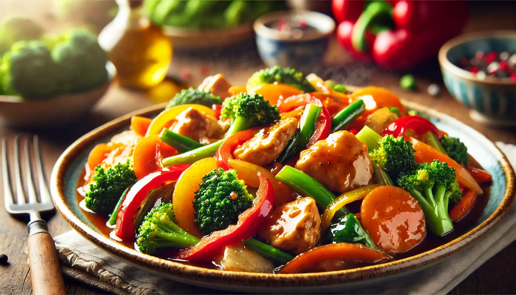 Close-up of stir-fried chicken and vegetables with a glossy sauce on a ceramic plate.