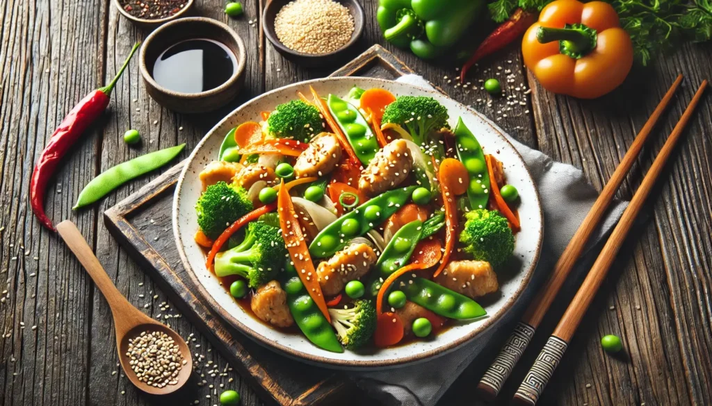 A delicious plate of stir-fried chicken with broccoli, carrots, bell peppers, and snap peas served on a white dish.