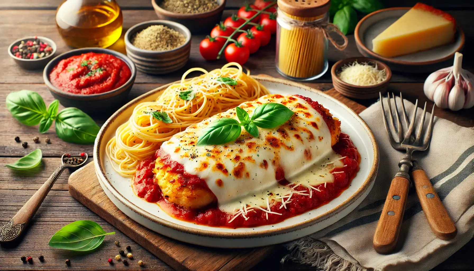 A plate of delicious Chicken Parmesan topped with melted mozzarella and marinara sauce.