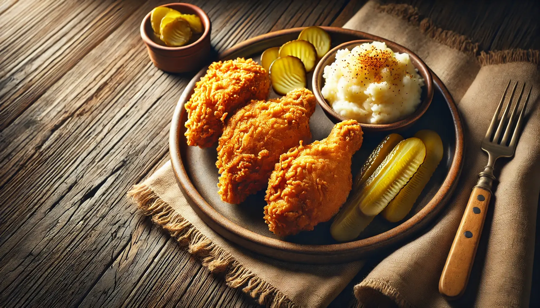 A beautifully styled plate of golden, crispy fried chicken served with pickles and mashed potatoes.